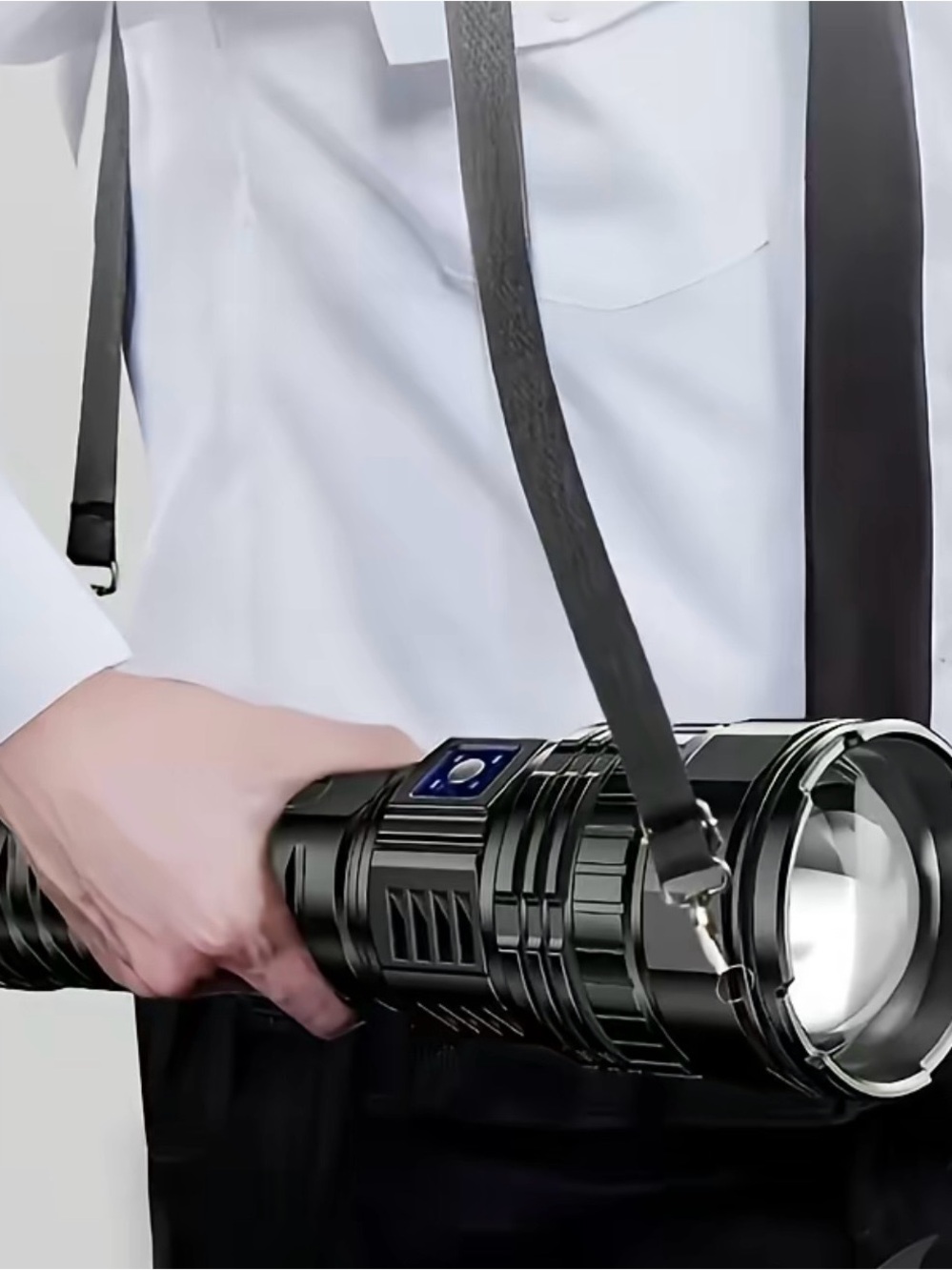 Black LED Tactical Flashlight with Shoulder Strap - Unbranded